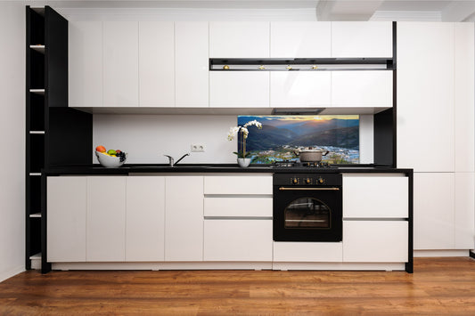 Wide-format glass kitchen panel with and w/o stainless steel metal back-coating: Yuanyang Rice Terrace, China