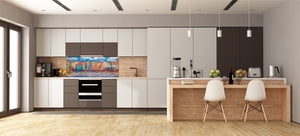 Wide-format glass kitchen panel with and w/o stainless steel metal back-coating: Town near the sea