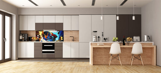 Wide-format glass kitchen panel with and w/o stainless steel metal back-coating: Stained human profiles