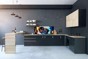 Wide-format glass kitchen panel with and w/o stainless steel metal back-coating: Stained human profiles
