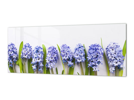 Wide-format glass kitchen panel with and w/o stainless steel metal back-coating: Lilac hyacinths