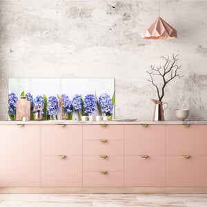 Wide-format glass kitchen panel with and w/o stainless steel metal back-coating: Lilac hyacinths