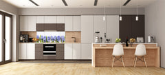 Wide-format glass kitchen panel with and w/o stainless steel metal back-coating: Lilac hyacinths