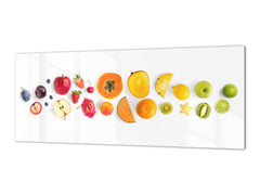 Wide-format glass kitchen panel with and w/o stainless steel metal back-coating: Creative fruit set