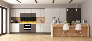 Wide-format glass kitchen panel with and w/o stainless steel metal back-coating: Fire flames