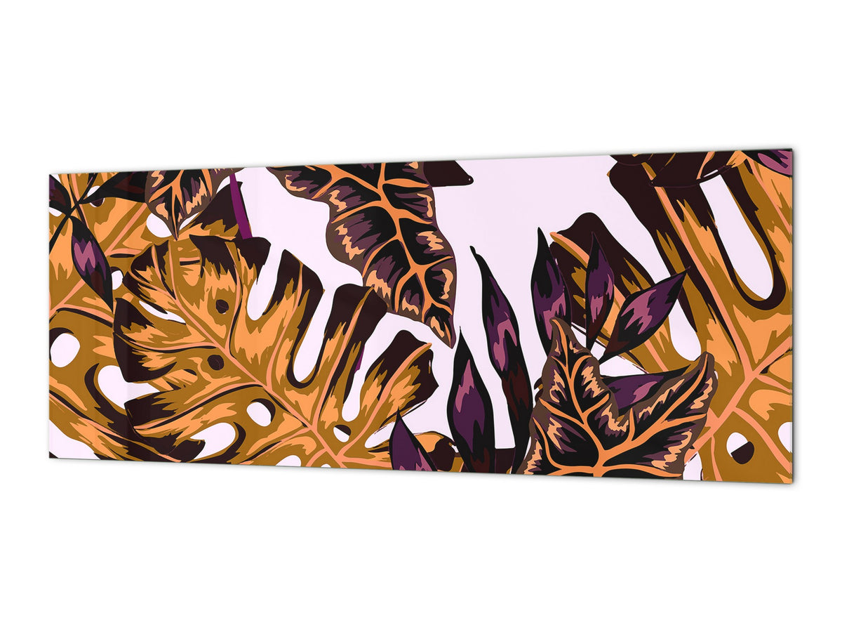 Glass kitchen panel with and w/o stainless steel back-coating: Tropical leaves