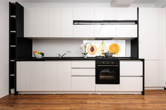 Glass kitchen panel with and w/o stainless steel back-coating: Half fruits