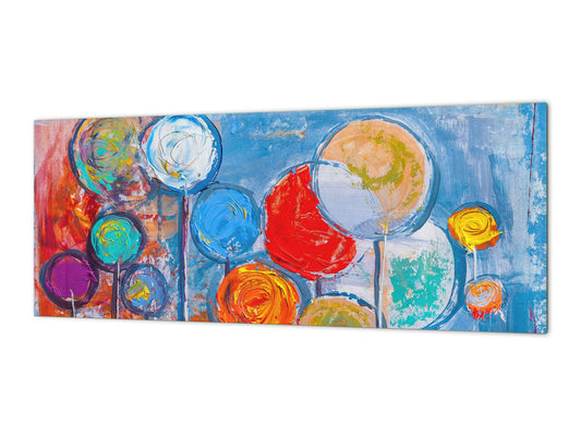 Glass kitchen panel with and w/o stainless steel back-coating: Round trees