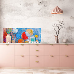 Glass kitchen panel with and w/o stainless steel back-coating: Round trees