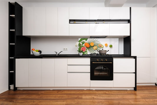 Glass backsplash w/ and w/o metal sheet backing with magnetic properties: Crreative Tropical mix