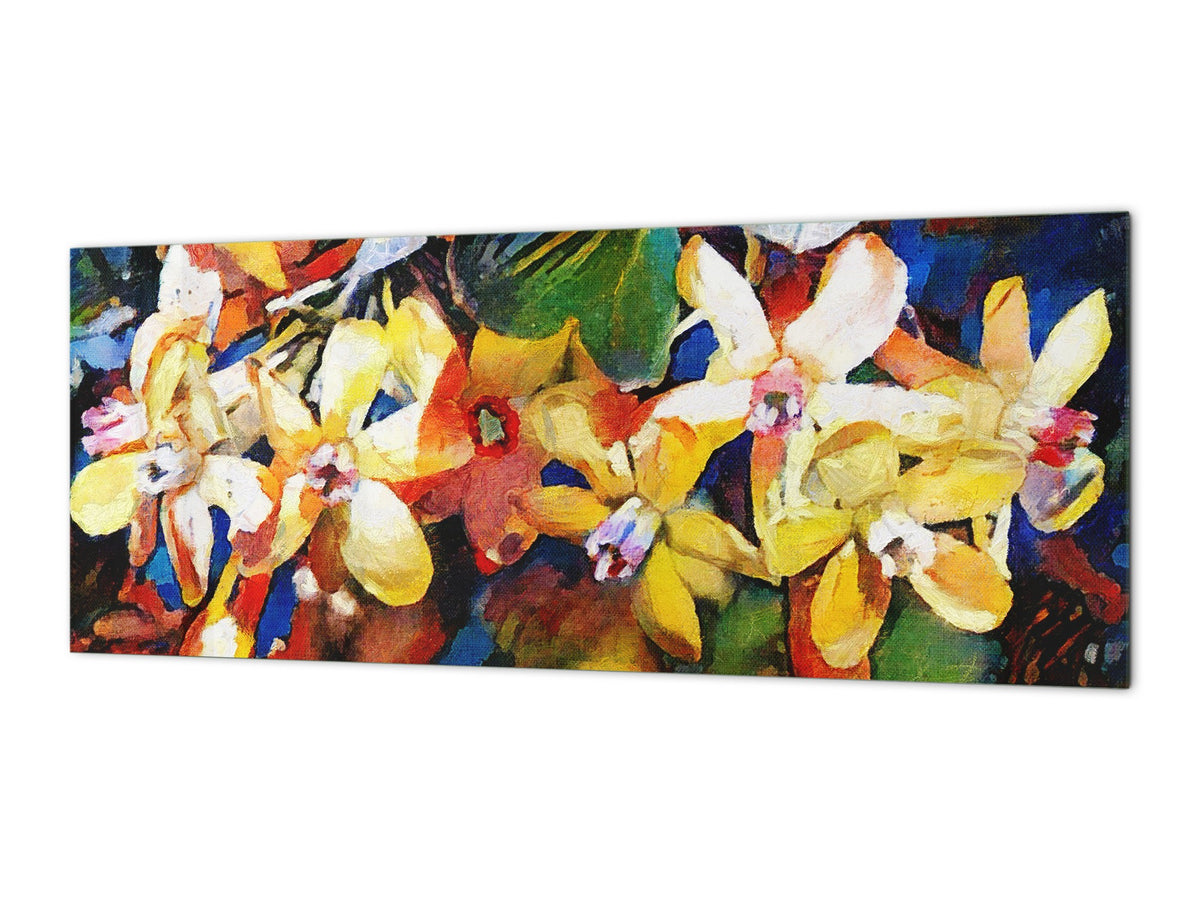 Glass backsplash w/ and w/o metal sheet backing with magnetic properties: Kandinsky flowers and buds