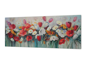 Glass backsplash w/ and w/o metal sheet backing with magnetic properties: Oil on canvas flowers