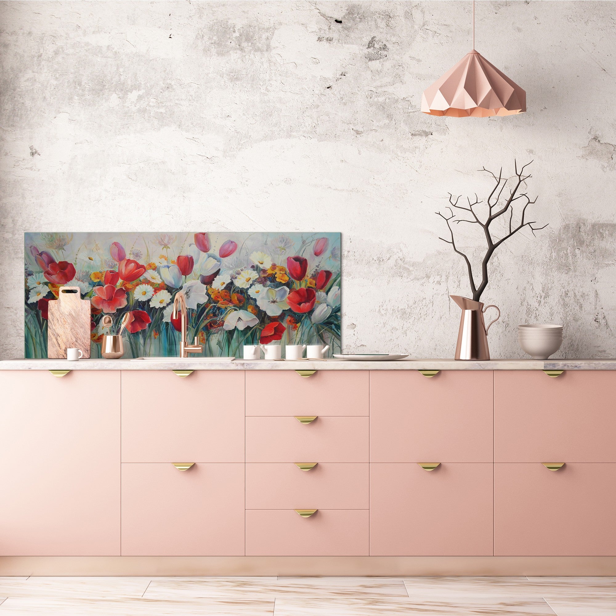 Glass backsplash w/ and w/o metal sheet backing with magnetic properties: Oil on canvas flowers