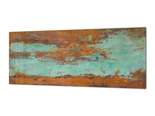 Glass backsplash w/ and w/o metal sheet backing with magnetic properties: Oxidated copper