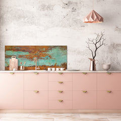 Glass backsplash w/ and w/o metal sheet backing with magnetic properties: Oxidated copper