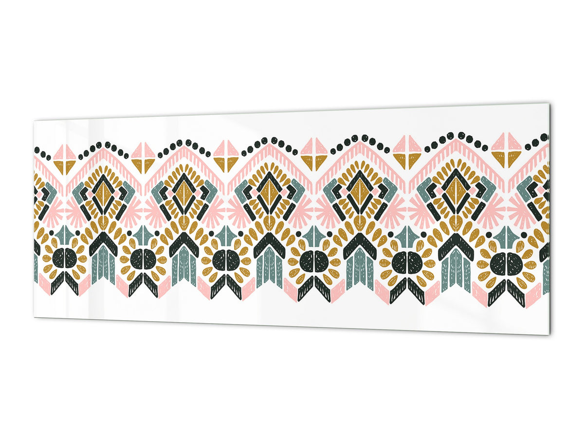 Glass backsplash w/ and w/o metal sheet backing with magnetic properties: Aztec design