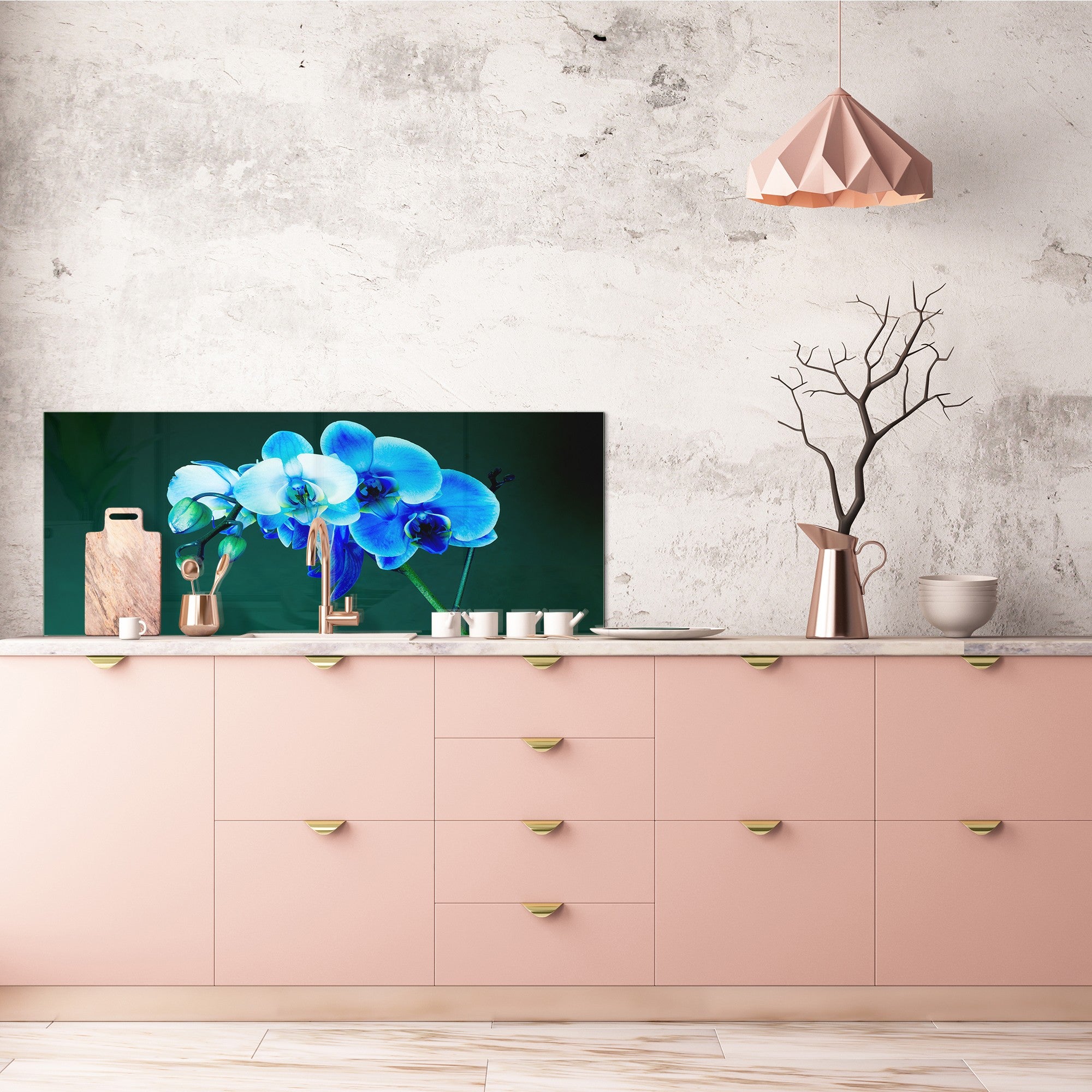 Large format horizontal backsplash - magnetic and non magnetic tempered glass: Flowering orchid