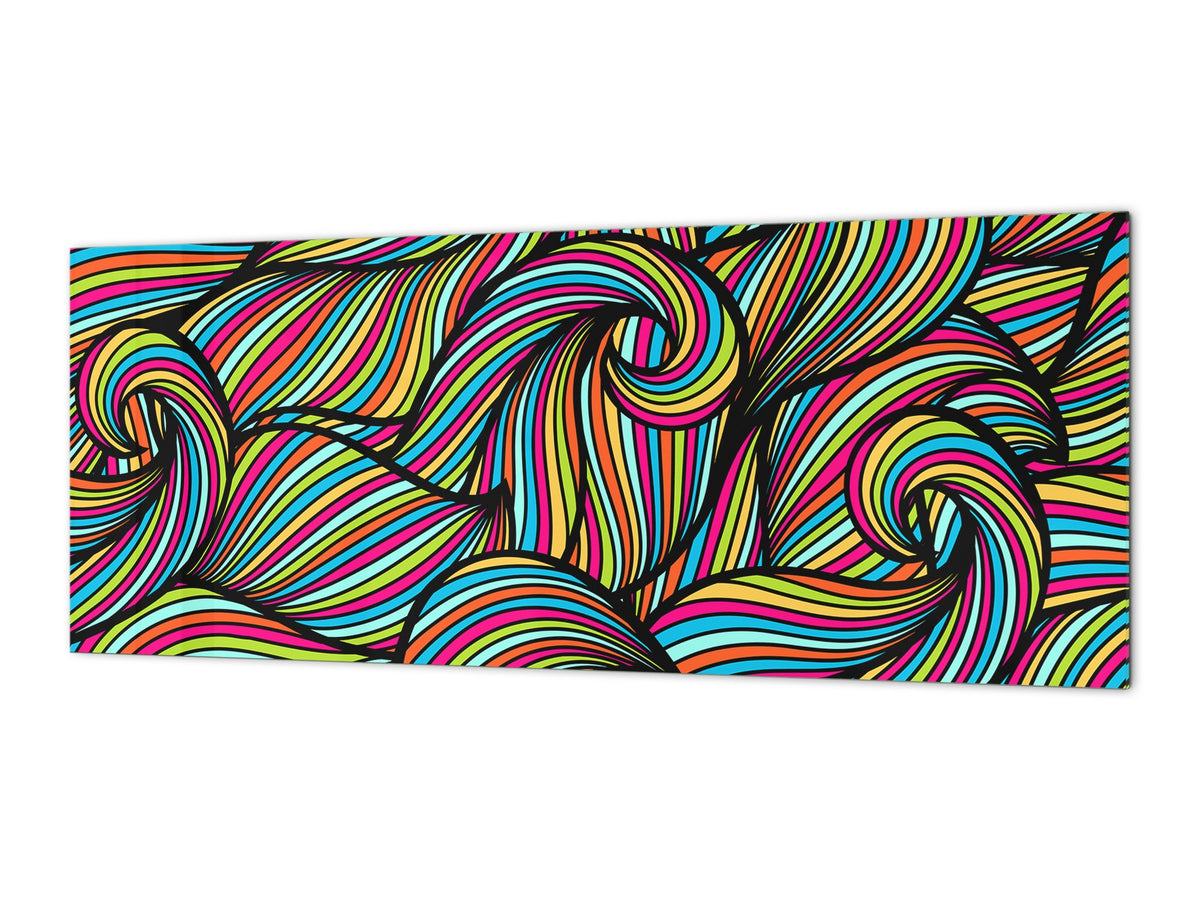 Large format horizontal backsplash - magnetic and non magnetic tempered glass:  Wavy curled pattern