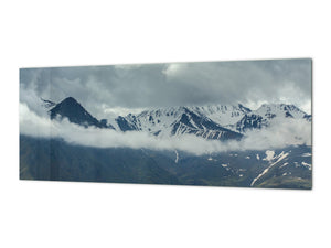 Large format horizontal backsplash - magnetic and non magnetic tempered glass:  Rain clouds among the  peaks