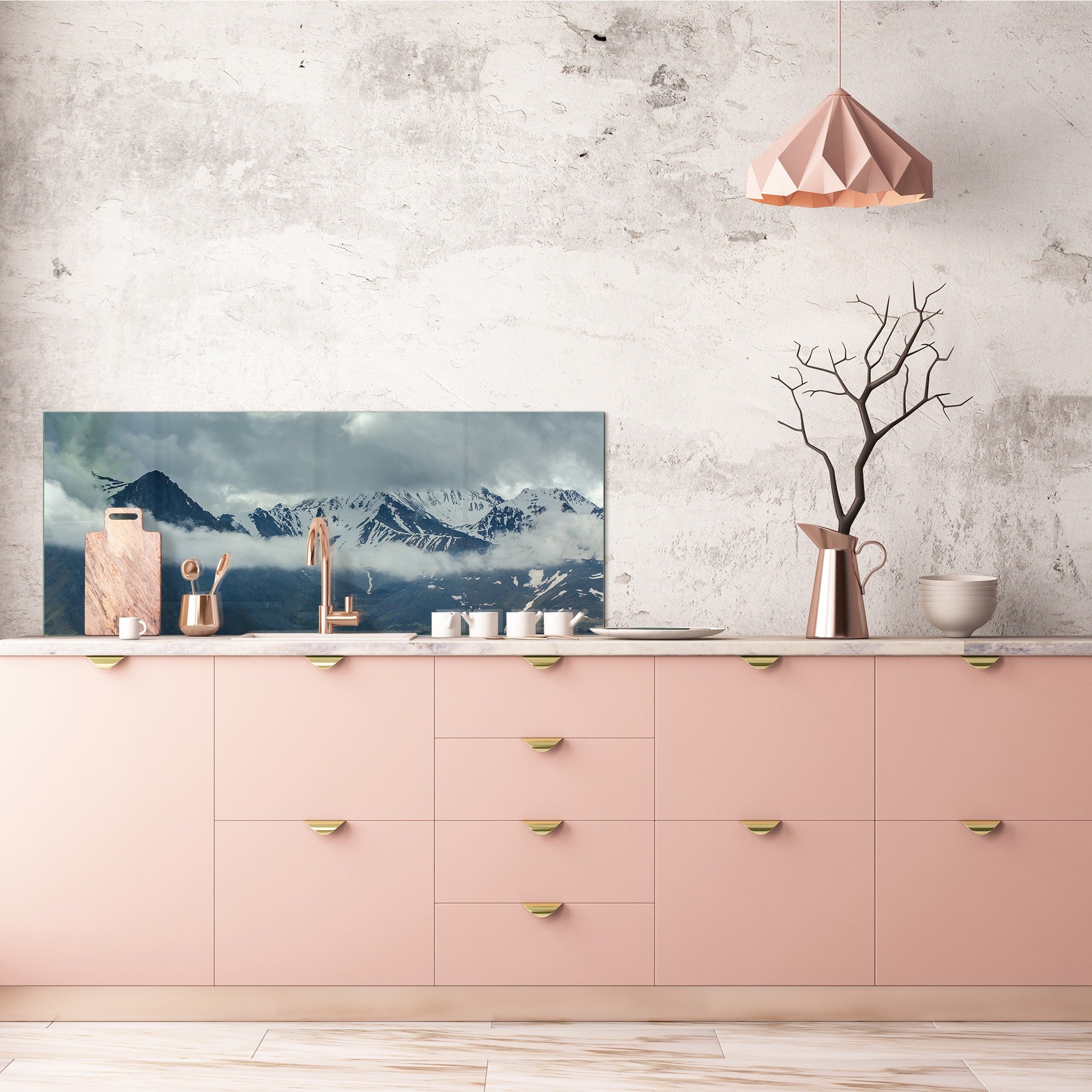 Large format horizontal backsplash - magnetic and non magnetic tempered glass:  Rain clouds among the  peaks