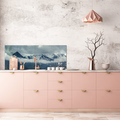 Large format horizontal backsplash - magnetic and non magnetic tempered glass:  Rain clouds among the  peaks