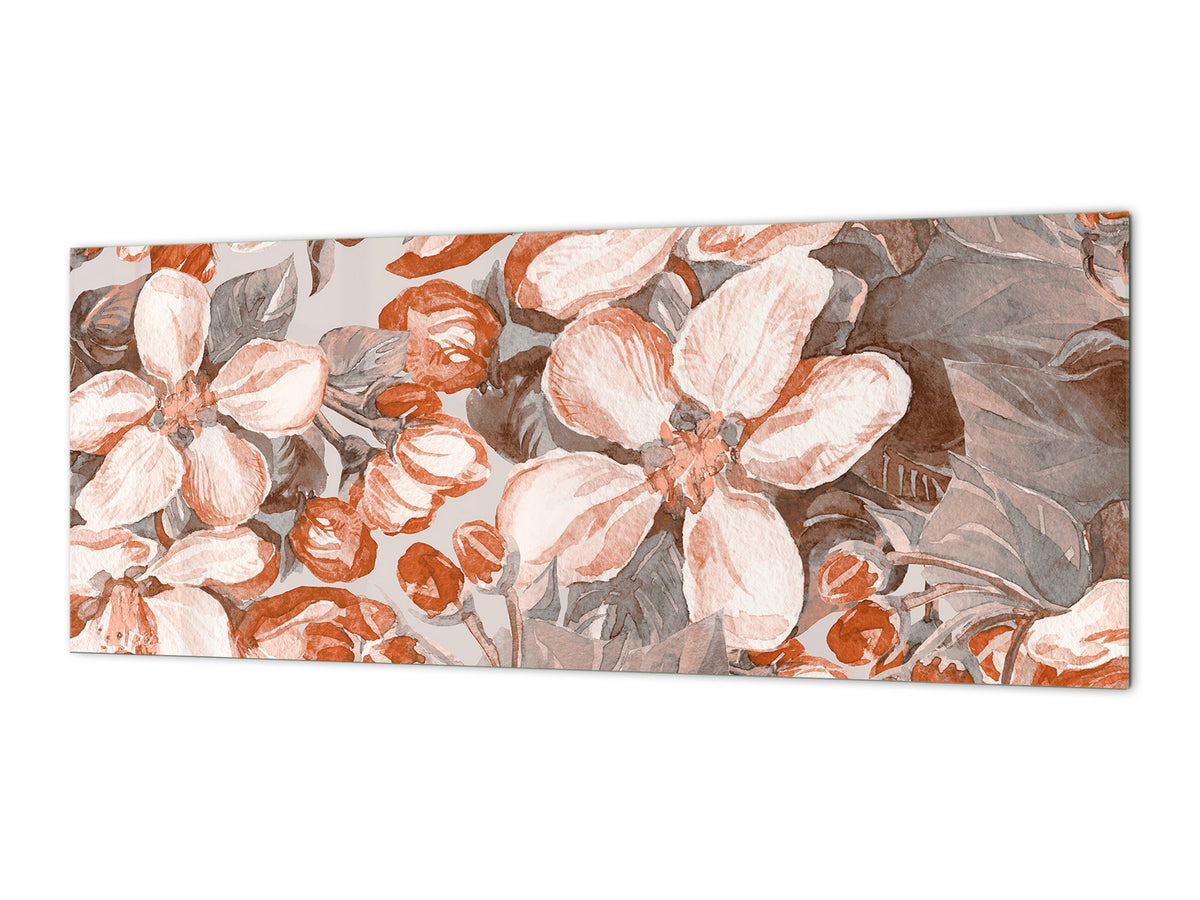 Large format horizontal backsplash - magnetic and non magnetic tempered glass:  Flowering Apple trees