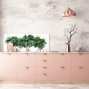 Large format horizontal backsplash - magnetic and non magnetic tempered glass:  Tropical leaves