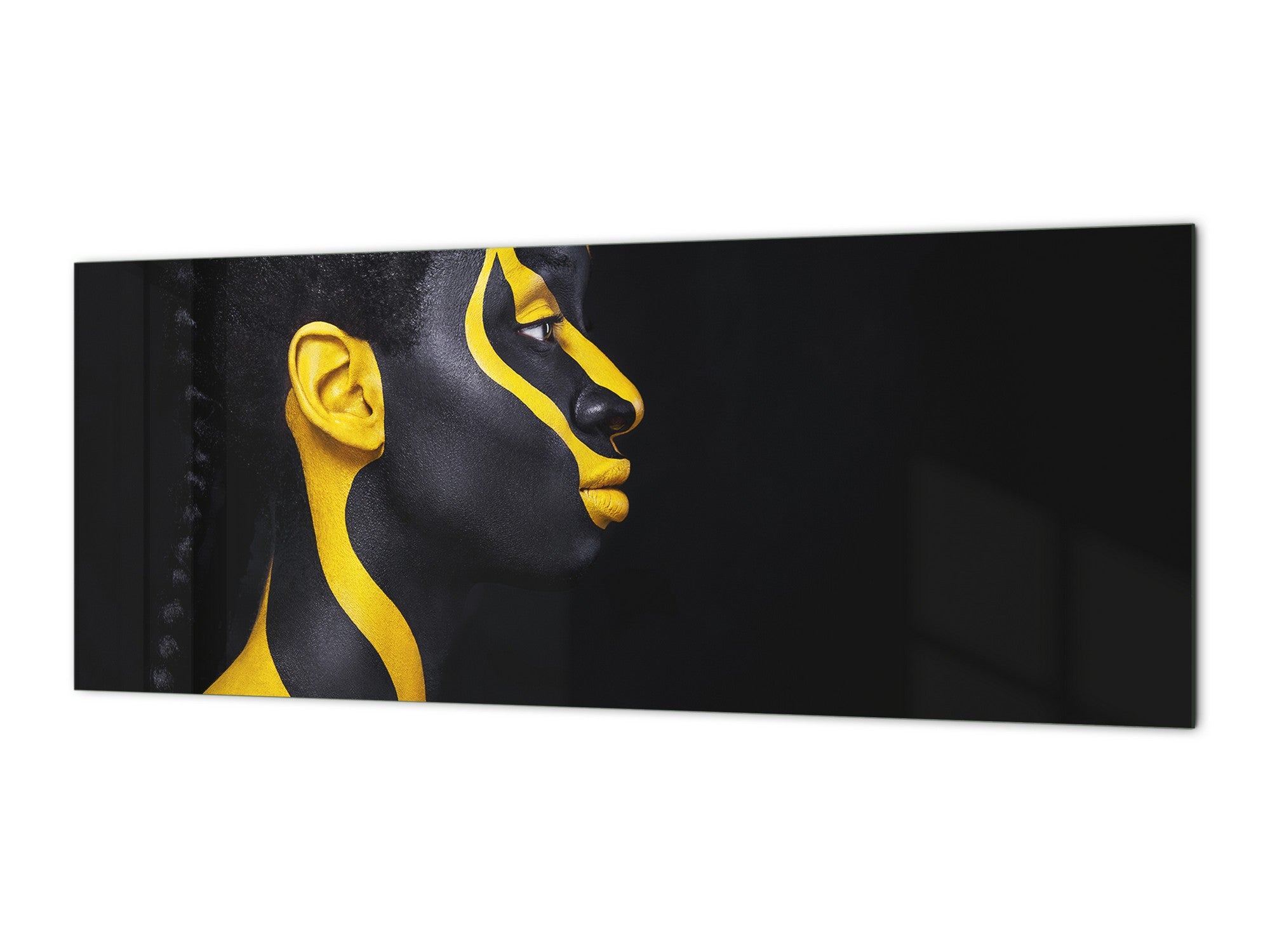 Glass splashback with metal backing - Kitchen glass panel:  Black and Yellow makeup