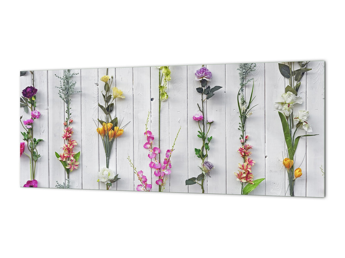 Glass splashback with metal backing - Kitchen glass panel: White wooden flower deco