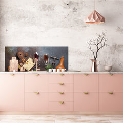 Stunning glass wall art - Wide format  backsplash with magnetic properties:  Wine, nuts and cheese