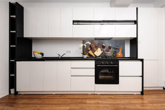 Stunning glass wall art - Wide format  backsplash with magnetic properties:  Wine, nuts and cheese