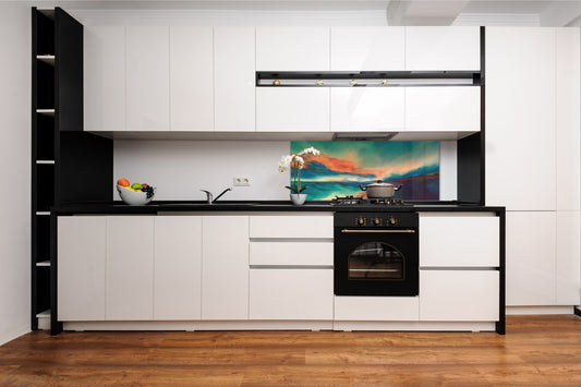Stunning glass wall art - Wide format  backsplash with magnetic properties:  Sunset never happened
