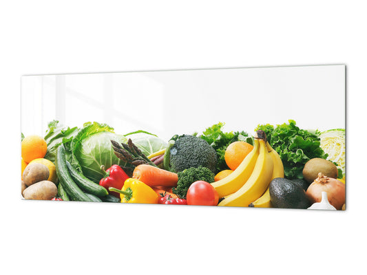 Wide-format tempered glass kitchen wall panel with metal backing - and without: Fruits and veggies on white