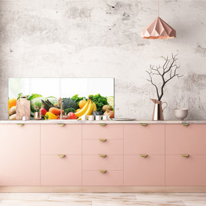 Wide-format tempered glass kitchen wall panel with metal backing - and without: Fruits and veggies on white