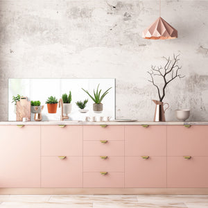 Wide-format tempered glass kitchen wall panel with metal backing - and without: Cactus line