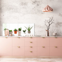 Wide-format tempered glass kitchen wall panel with metal backing - and without: Cactus line