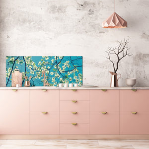 Wide-format tempered glass kitchen wall panel with metal backing - and without: Dogwood tree blossom