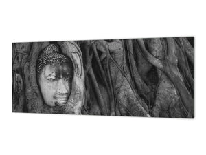 Wide-format tempered glass kitchen wall panel with metal backing - and without:  Buddhist monk head Wat mahathat