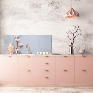 Wide-format tempered glass kitchen wall panel with metal backing - and without:  Cotton flower