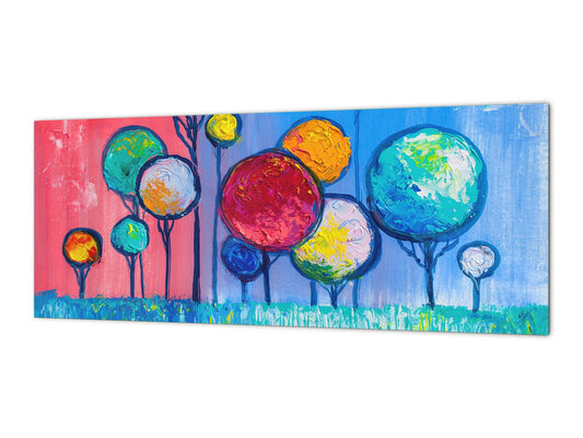 Wide-format tempered glass kitchen wall panel with metal backing - and without:  Paisaje impresionista a mano