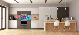 Wide-format tempered glass kitchen wall panel with metal backing - and without:  Paisaje impresionista a mano