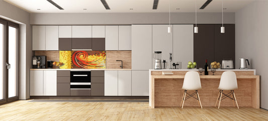 Wide-format tempered glass kitchen wall panel with metal backing - and without:  Color whirls