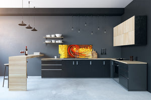 Wide-format tempered glass kitchen wall panel with metal backing - and without:  Color whirls