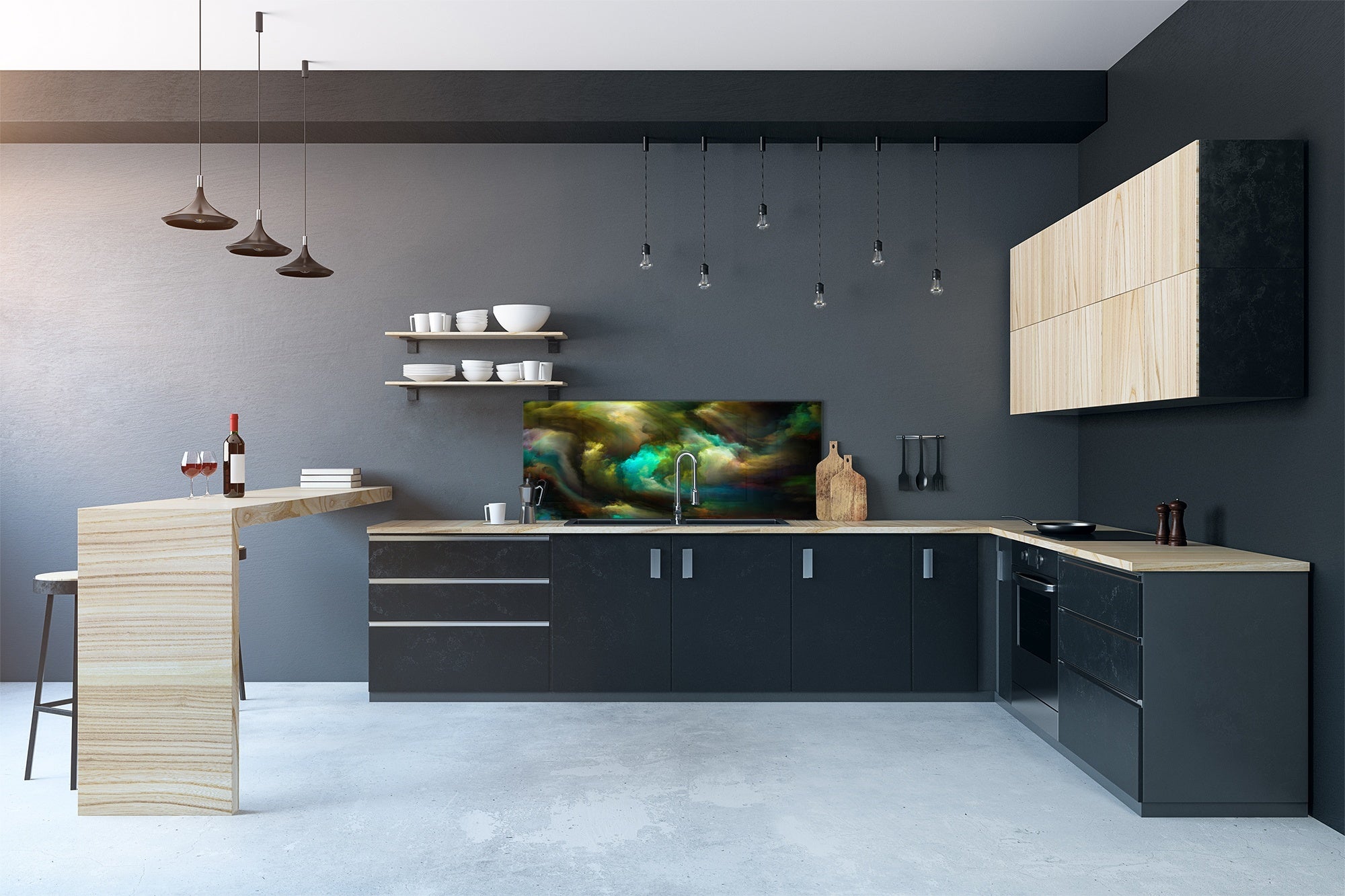 Toughened printed glass backsplash - Wideformat steel coated wall glass splashback: Abstract motion on canvas