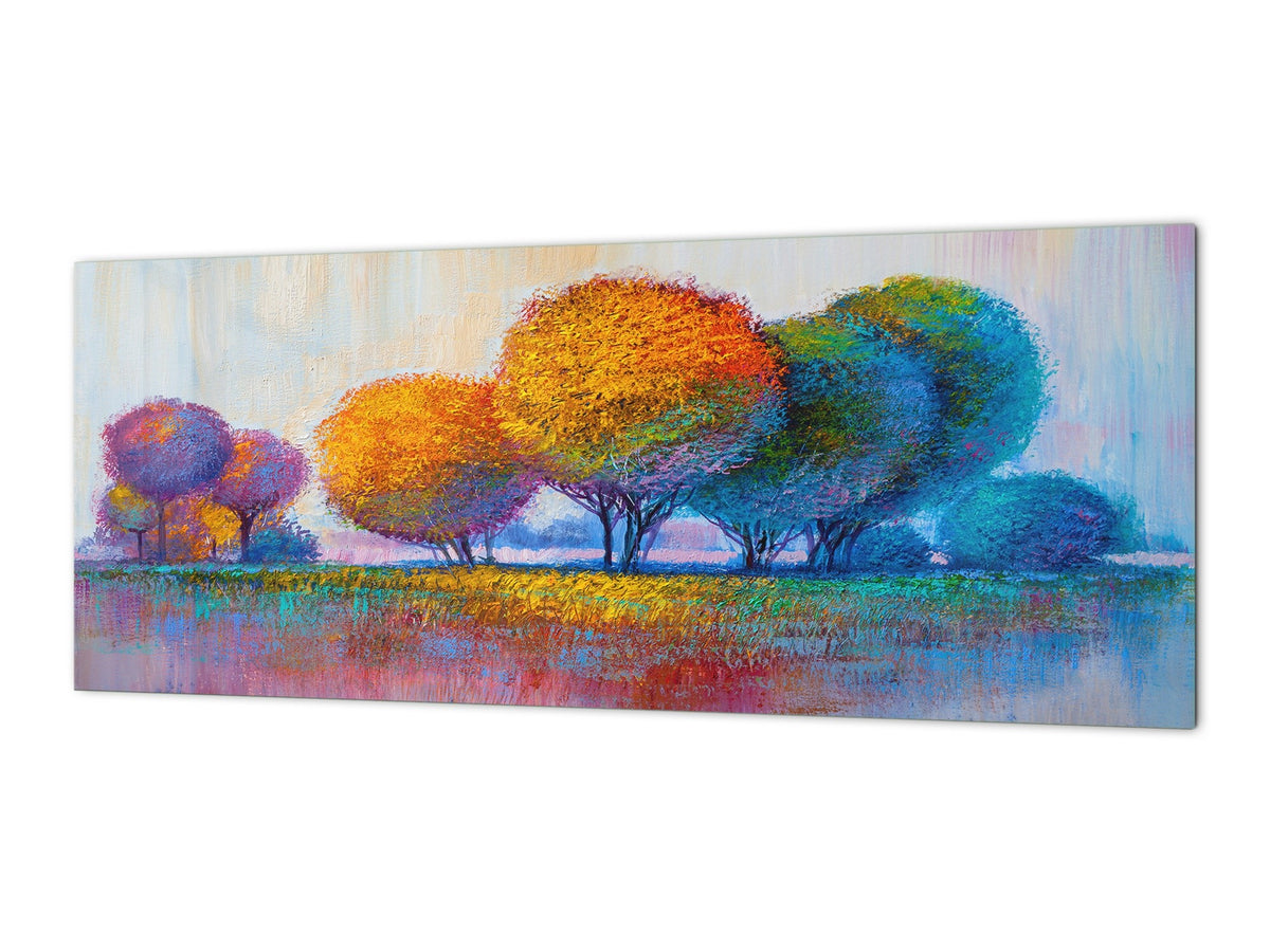 Toughened printed glass backsplash - Wideformat steel coated wall glass splashback: Handpained forrest