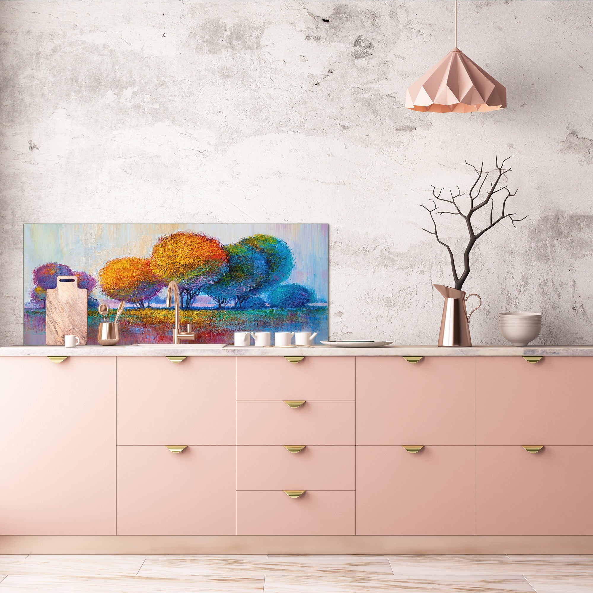 Toughened printed glass backsplash - Wideformat steel coated wall glass splashback: Handpained forrest