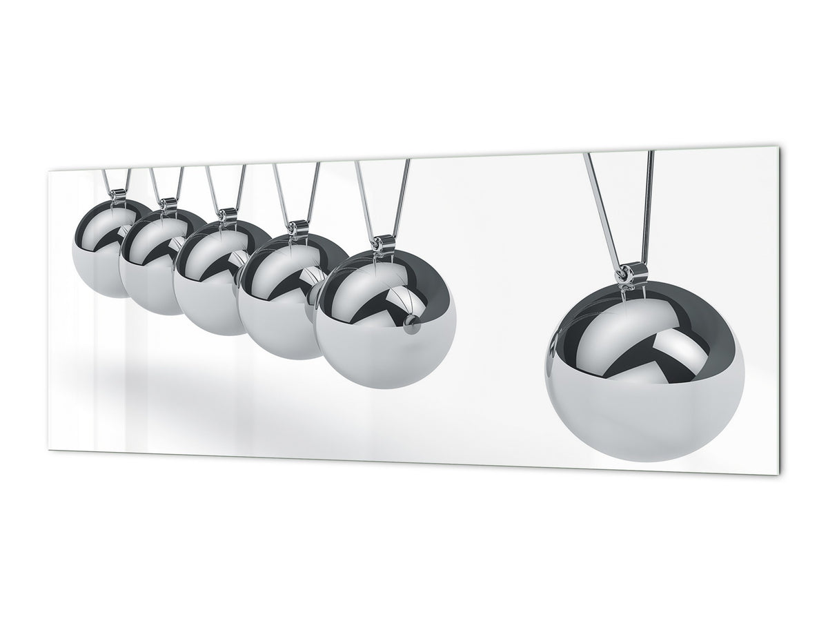 Stunning glass wall art - Wide format  backsplash with magnetic properties:  Metal Newton's cradle