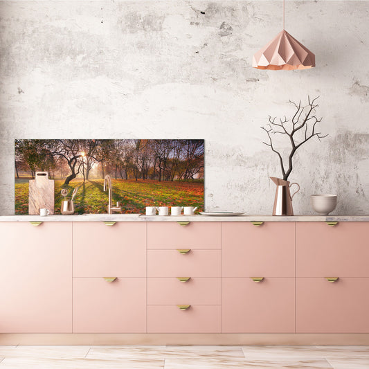 Stunning glass wall art - Wide format  backsplash with magnetic properties:  Sunny Landscape Of Trees