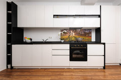 Stunning glass wall art - Wide format  backsplash with magnetic properties:  Sunny Landscape Of Trees
