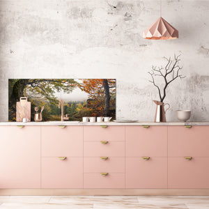 Stunning glass wall art - Wide format  backsplash with magnetic properties:  Mountain Misty Valley